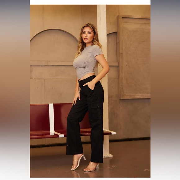 Cargo Pants Women’s 18 Black High Waisted Wide Leg Y2K Stretchy Cotton A5 - Picture 6 of 10